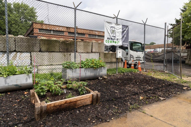 A view of plants and the outdoor area in front of a building that is a compost facility.