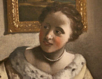 An up-close view of the face of the woman, the guitar player, in the painting, 