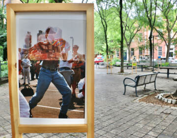 A close-up of a double-exposure photo printed and displayed in a park showing a shirtless man overlayed with a Pride flag.