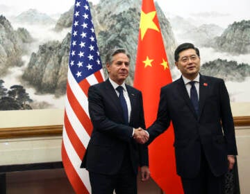 U.S. Secretary of State Antony Blinken (left) shakes hands with Chinese Foreign Minister Qin Gang, right, at the Diaoyutai State Guesthouse in Beijing, China, Sunday, June 18, 2023