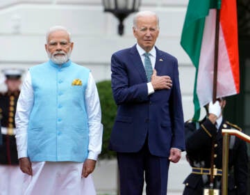 India's Prime Minister Narendra Modi stands with President Joe Biden during a State Arrival Ceremony on the South Lawn of the White House Thursday, June 22, 2023, in Washington