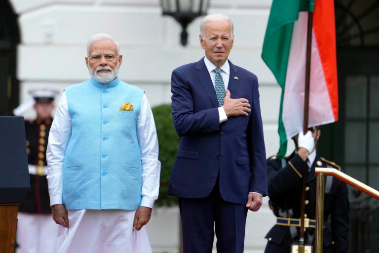 India's Prime Minister Narendra Modi stands with President Joe Biden during a State Arrival Ceremony on the South Lawn of the White House Thursday, June 22, 2023, in Washington