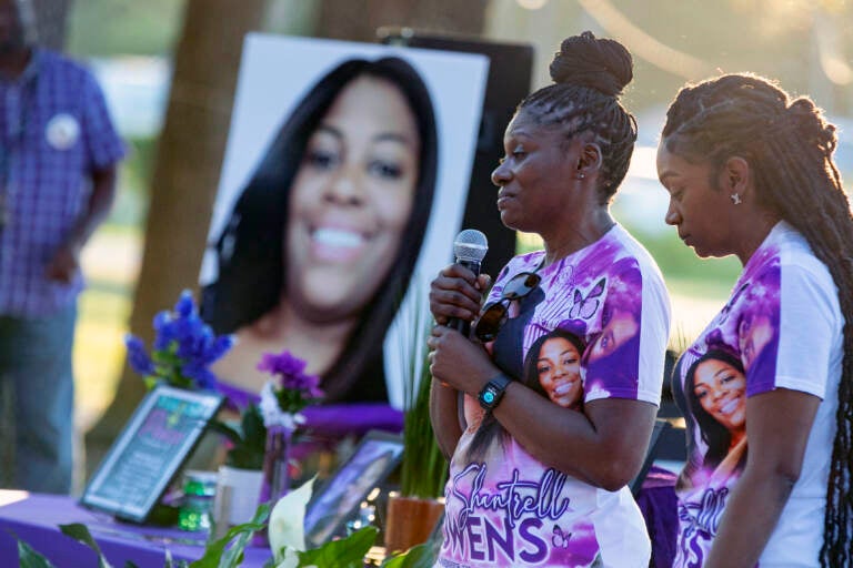 Pamela Dias (second from right) remembers her daughter, Ajike Owens, as mourners gather for a remembrance service at Immerse Church of Ocala for Owens, June 8, 2023, in Ocala, Fla.