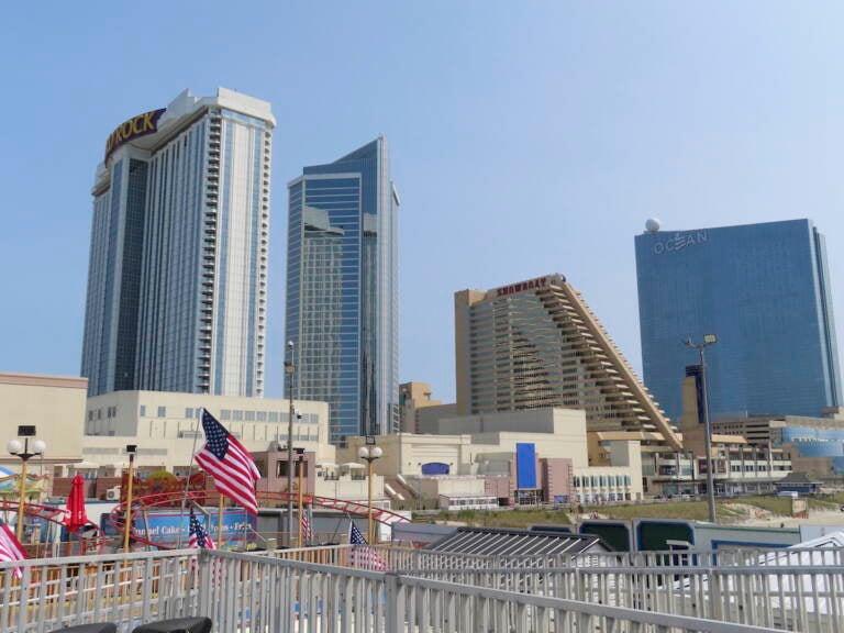 The Hard Rock casino (left) Showboat hotel (center) and Ocean casino (right) are shown on June 15, 2023 in Atlantic City,