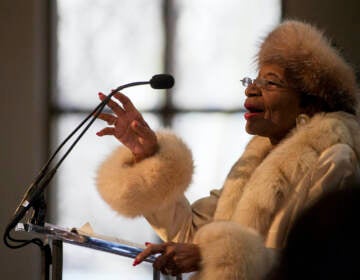 Christine King Farris, sister of the Rev. Martin Luther King Jr. speaks at the King holiday commemorative service at Ebenezer Baptist Church, the church where King preached, Jan. 19, 2015, in Atlanta.