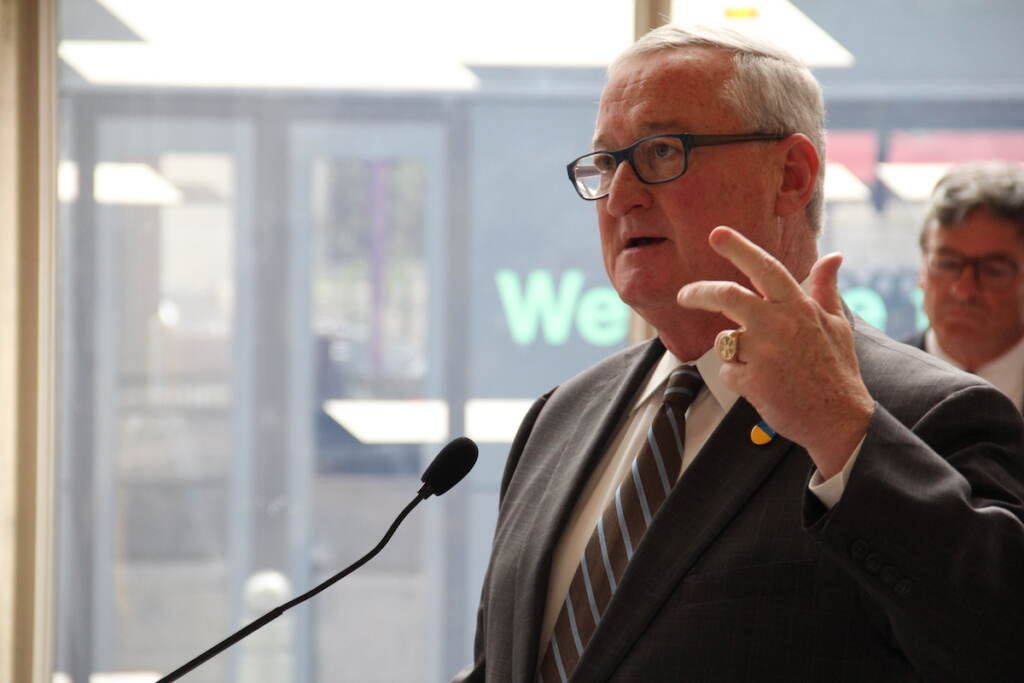 Mayor Jim Kenney focused on the climate aspects of the zero-emission bus fleet project during a press conference at 30th Street Station on June 26, 2023