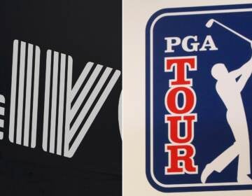 Signage for LIV Golf is displayed during the pro-am round of the Bedminster Invitational LIV Golf tournament in Bedminster, NJ. and The PGA Tour logo is shown during a press conference in Tokyo.