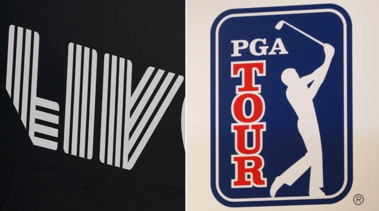 Signage for LIV Golf is displayed during the pro-am round of the Bedminster Invitational LIV Golf tournament in Bedminster, NJ. and The PGA Tour logo is shown during a press conference in Tokyo.