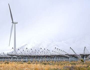 The photo shows a single wind turbine