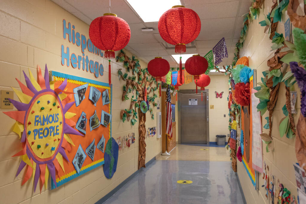 Colorful decorations on the wall, and a sign that says 'Hispanic Heritage'