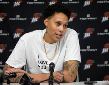 Phoenix Mercury center Brittney Griner is seen at a news conference on Wednesday after the team's game against the Dallas Wings, in Arlington, Texas