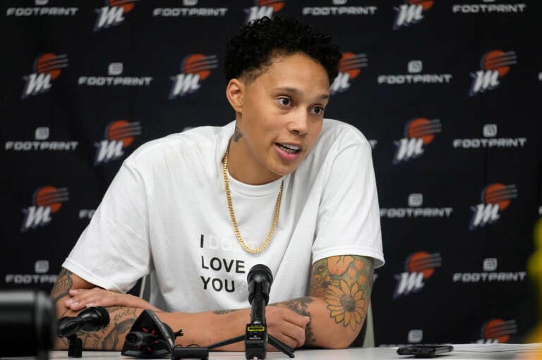 Phoenix Mercury center Brittney Griner is seen at a news conference on Wednesday after the team's game against the Dallas Wings, in Arlington, Texas