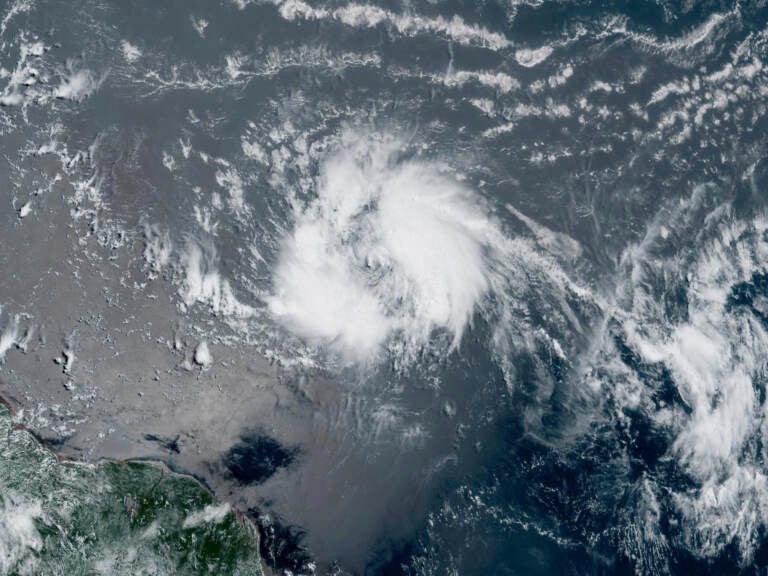 This satellite image taken on Tuesday shows Tropical Storm Bret chugging westward toward the eastern Caribbean.