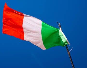 A view of an Italian flag waving in the wind with blue sky visible in the background.
