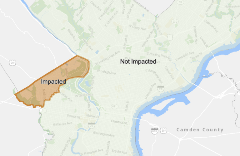 Map showing affected areas of West Philly.