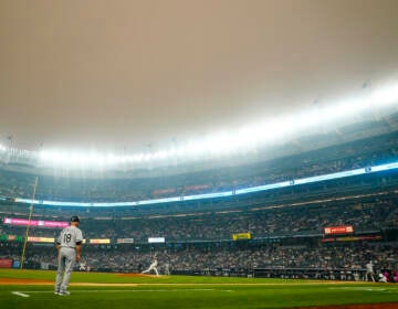 Haze over the baseball stadium.