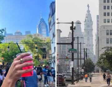 On the left, an up-close photo of someone holding a drink. On the right, a photo of a hazy Philadelphia skyline.