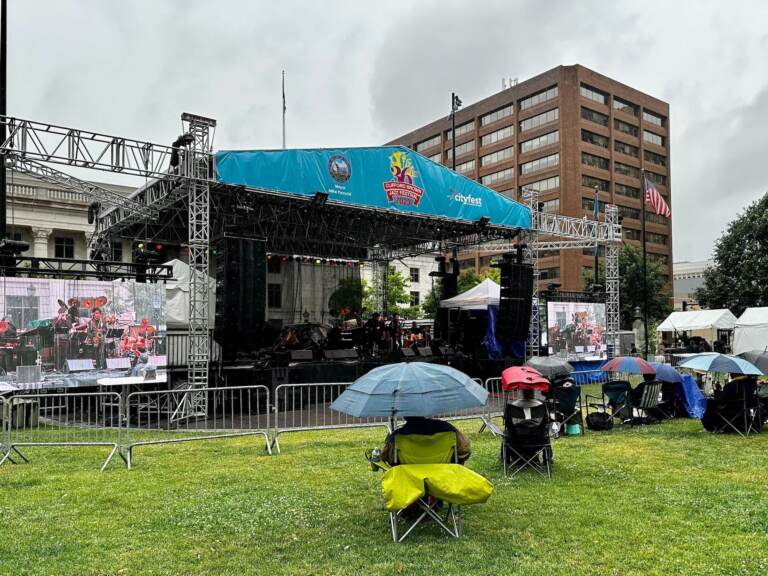 Festival stage in the rain.