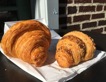 An up-close view of two croissants.