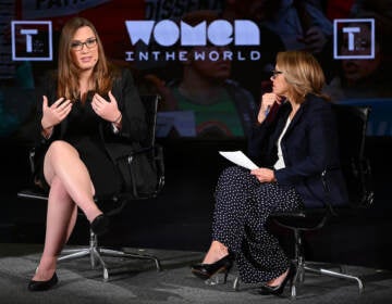 Sarah McBride and Katie Couric speak onstage