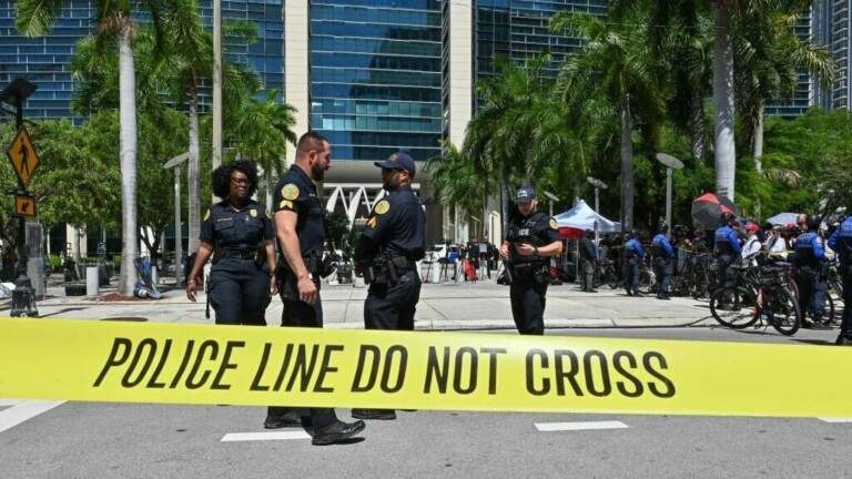 Police officers are pictured outside the Wilkie D. Ferguson Jr. United States Courthouse before the arraignment of former President Donald Trump in Miami on Tuesday