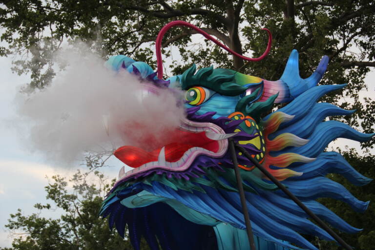 A dragon lantern is lit up at the park.