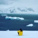Lawrence Phillips sitting and looking out on the ocean and icebergs.