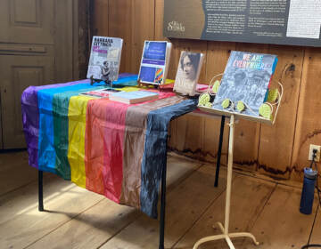 Books displayed on a table with a Pride flag