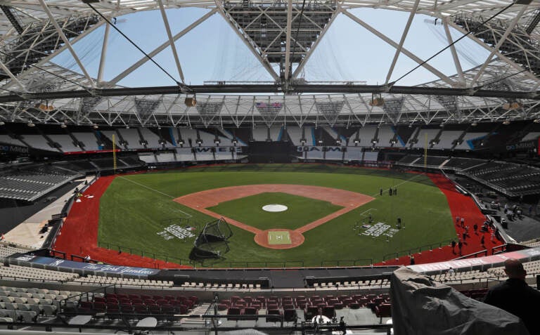 An aerial view of the London baseball stadium.