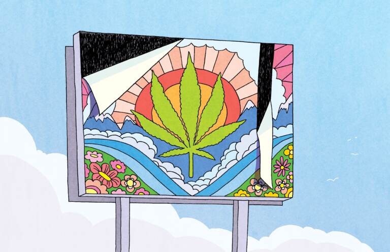 Illustration showing a billboard with a marijuana ad on it.