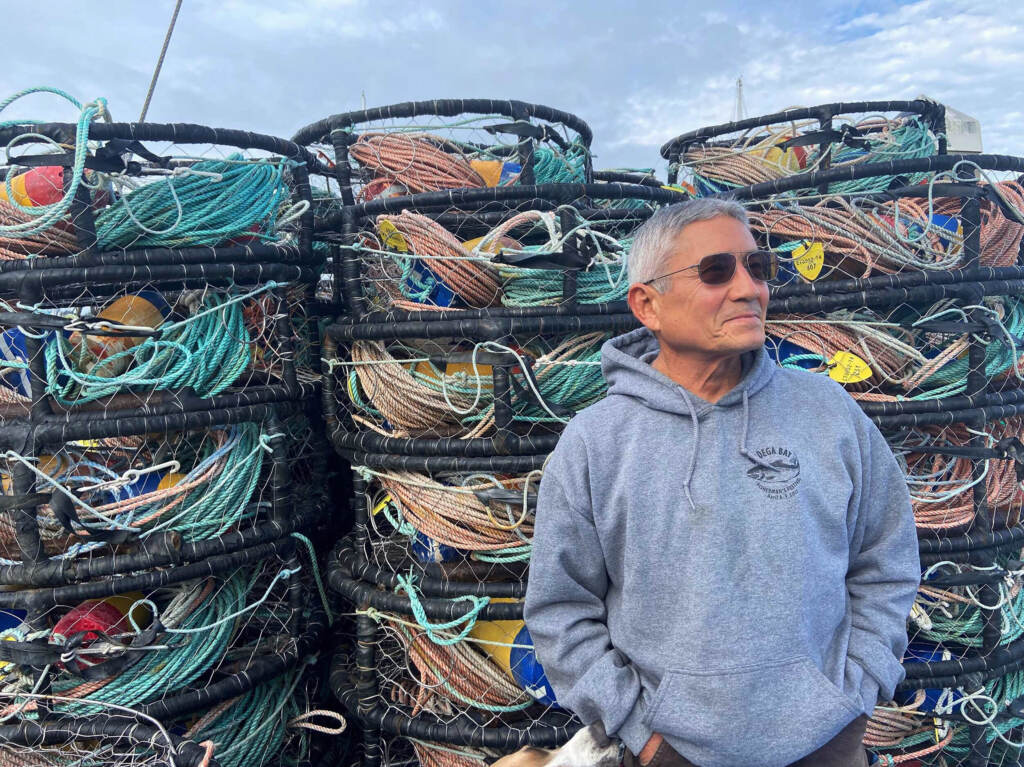 Dick Ogg, a crab fisherman from Bodega Bay, California, says he's tested the gear, but since fishermen work with hundreds of traps during already grueling work days, adding any extra time would be an economic hit. (Lauren Sommer/NPR)