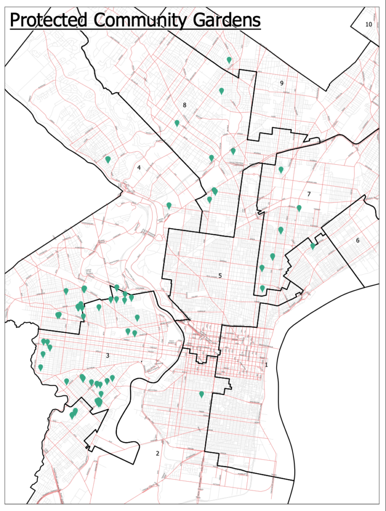 A map of Philadelphia shows community gardens that will be protected under a new deal reached with the city.