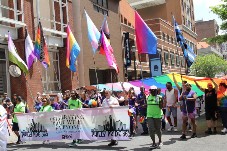 People marching and holding flags.