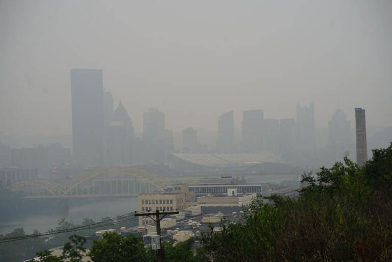 Smoke and haze from the Canadian wildfires hang over Pittsburgh on June 28, 2023.