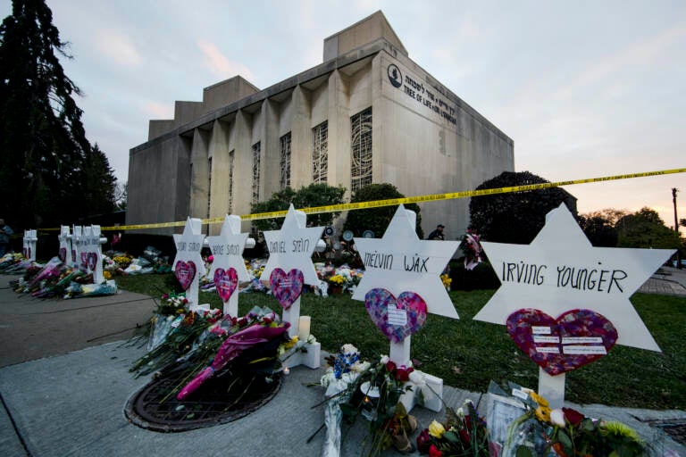 File photo: A makeshift memorial stands outside the Tree of Life Synagogue in the aftermath of a deadly shooting in Pittsburgh, Oct. 29, 2018. Robert Bowers, a truck driver who shot and killed 11 worshippers at a Pittsburgh synagogue in the nation's deadliest attack on Jewish people, was found guilty, Friday, June 16, 2023. Bowers was tried on 63 criminal counts, including hate crimes resulting in death and obstruction of the free exercise of religion resulting in death. (AP Photo/Matt Rourke, File)