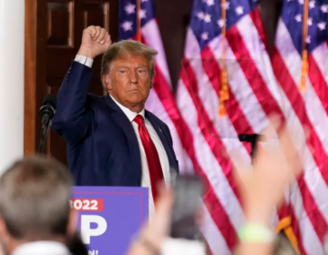 Former President Donald Trump gestures after speaking at Trump National Golf Club in Bedminster, N.J.