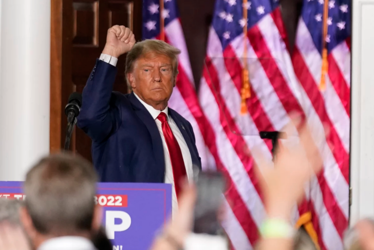 Former President Donald Trump gestures after speaking at Trump National Golf Club in Bedminster, N.J.