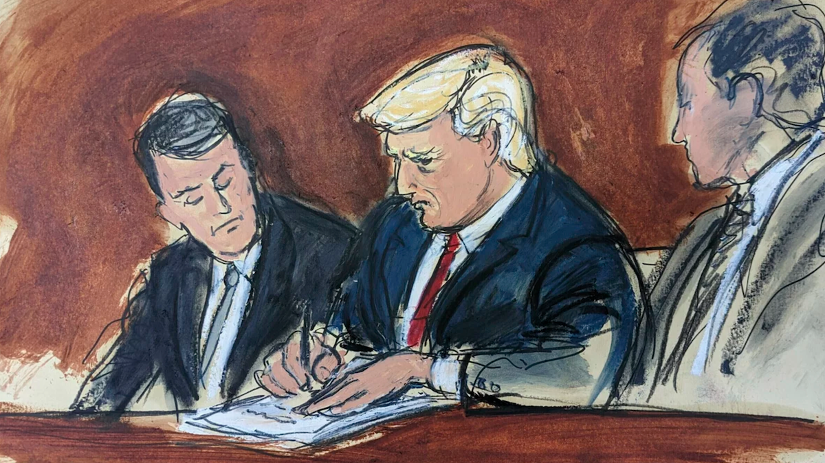 A court sketch of Trump flanked by his attorneys