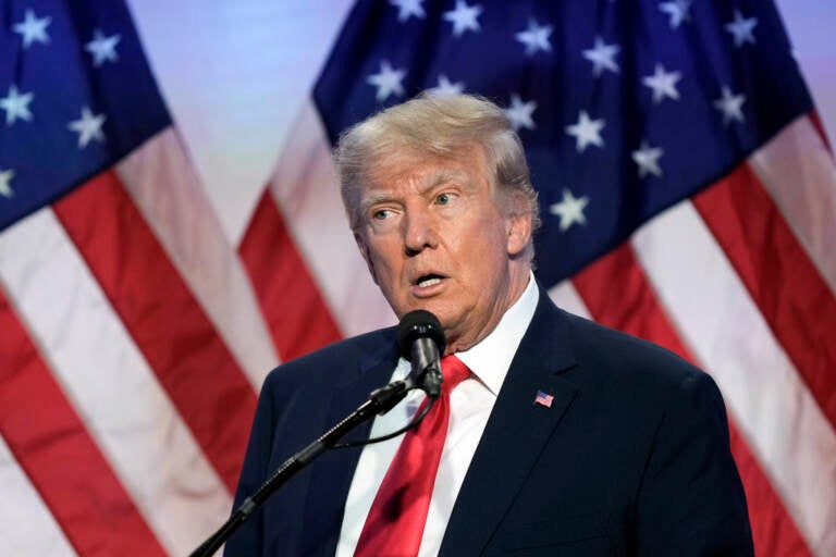 Trump speaks into a microphone. A U.S. flag is visible behind him.