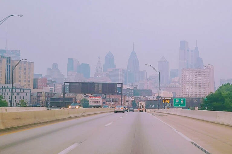 The Philadelphia skyline is barely visible through the haze just before 6 a.m. on the morning of Wednesday, June 7.