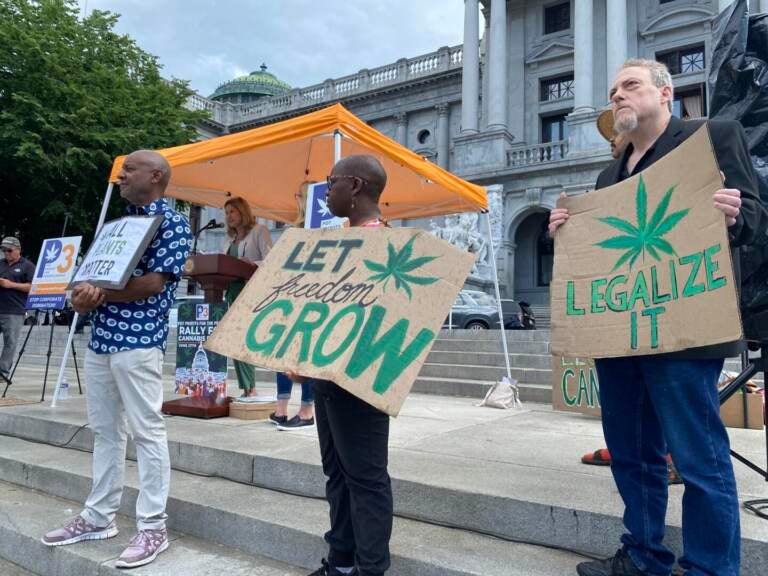 Supporters of legalizing cannabis for adult-use rally outside the state Capitol in Harrisburg on June 27, 2023. In Pennsylvania, some lawmakers have argued changes are needed to improve the medical marijuana program and prevent Pennsylvania residents from traveling to neighboring states that have legalized adult-use marijuana.