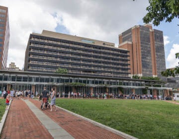 A line of people stretch across the pathway to see the Liberty Bell.