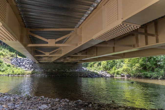 View of the Mt. Averno Bridge from below, and Chester Creek beneath it.