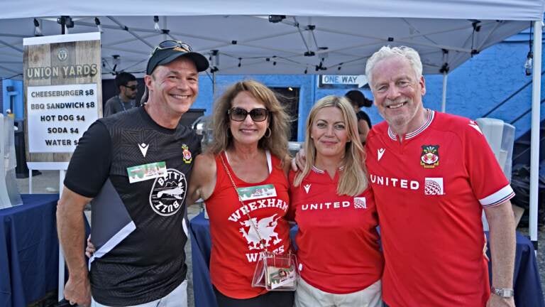(from left) Rob and Chantal Daisley from Tampa, Fla. and Andy Culkin and Clare Hughes from Wrexham Wales travelled to Chester to see Wrexham play the Philadelphia Union II