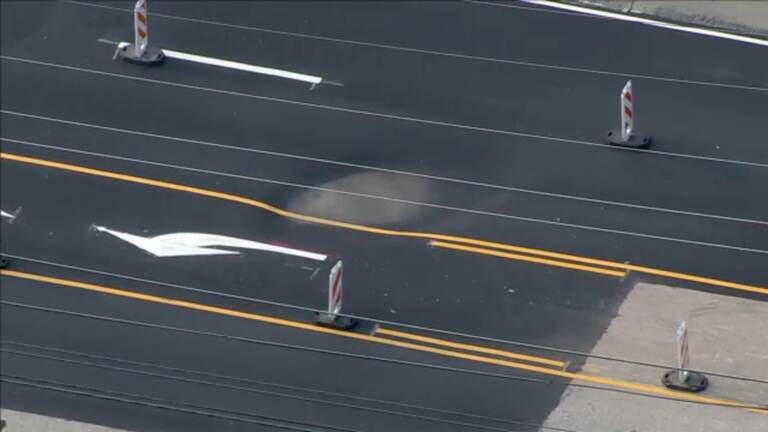 This image from Chopper 6 shows the pavement failure on Route 202 NB in the same area that had to be closed just one week before.