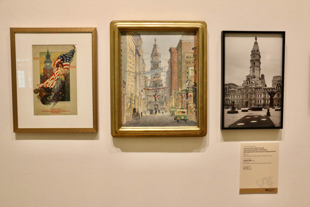 A 2023 photograph of City Hall is shown beside paintings from the nation's Sesquicentennial Exposition, celebrated in Philadelphia in 1926.
