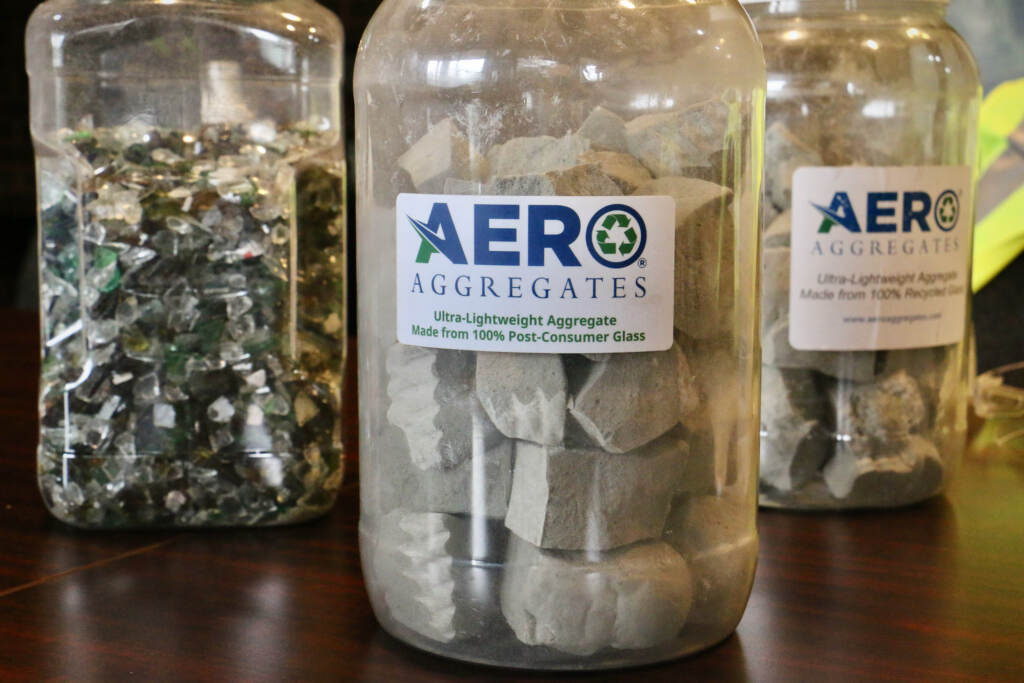 Glass foam chunks are visible in jars labeled Aero Aggregates.