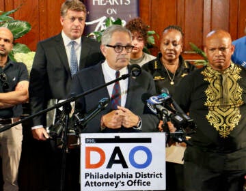 Philadelphia District Attorney Larry Krasner speaks at a press conference about the mass shooting that occurred in Philadelphia's Kingsessing neighborhood which left five people dead. (Emma Lee/WHYY)