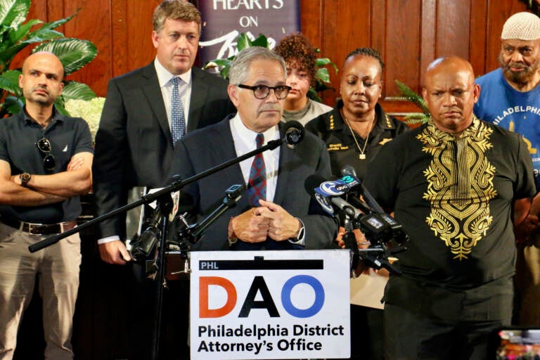 Philadelphia District Attorney Larry Krasner speaks at a press conference about the mass shooting that occurred in Philadelphia's Kingsessing neighborhood which left five people dead. (Emma Lee/WHYY)