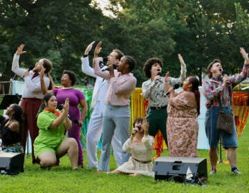 The cast of Shakespeare in Clark Park's ''Two Gentlemen of Verona'' perform the opening number of the 1971 rock musical version in Clark Park.